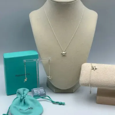 Tiffany & Co 925 Sterling Elsa Peretti Starfish Necklace, Bracelet, & Drop Earring Set - 9.2g