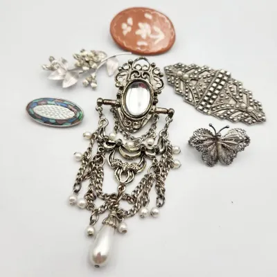 Sterling Silver & Silver Toned Brooch Lot: Art Nouveau Guilloche, Krementz, Antique Butterfly: 8g