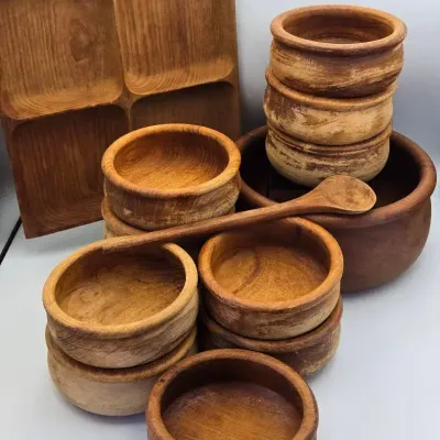 Large Teak Wood Serving Set: Salad Bowl, Spoon, Bowls Divided Tray