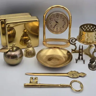 Vintage Brass Decor Lot: Seiko Clock, Bookends, Letter Opener, & Trinkets And More