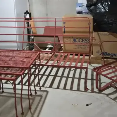 Large Mid-Century Red Wrought Iron Patio Set - 7 Pieces