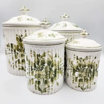 4 Vintage Painted Green Floral Italian Lidded Canisters