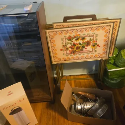 60's TV Tray Set, Stereo Components in Cabinet