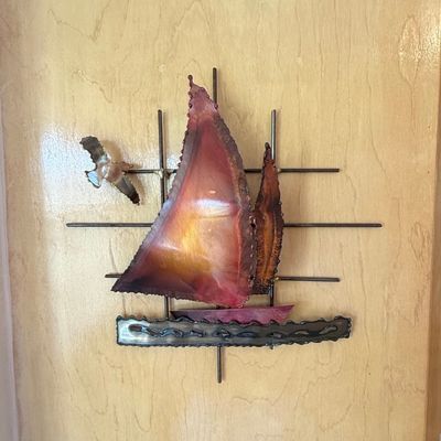 Mid-Century Modern Brutalist Metal Sailboat Wall Sculpture