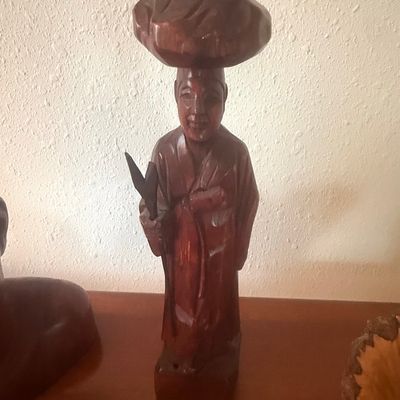 Vintage Hand-Carved Wooden Asian Figure - Man with Bundle on Head
