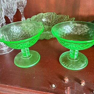 Depression Glass Uranium Glass Sherbet Cups - Diamond Quilted Pattern