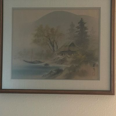 Japanese Watercolor Landscape with Thatched Hut and Boat, Signed