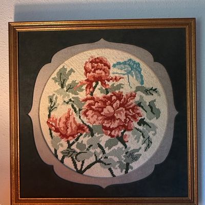 Vintage Floral Needlepoint "JE 90" Signed Rose Motif in Custom Matting