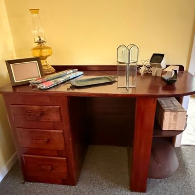 Vintage Walnut Writing Desk with Pedestal and Open Shelf