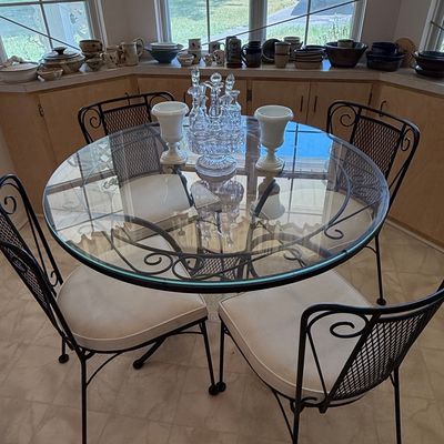 Vintage Wrought Iron Round Dining Set with Glass Top and Scrollwork Chairs