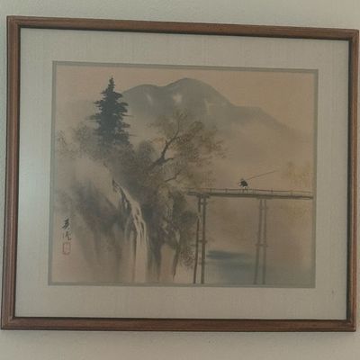 Japanese Sumi-e Style Landscape Watercolor Painting Signed