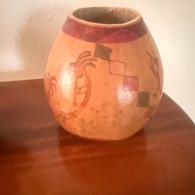 Southwestern Etched Gourd Vessel with Kokopelli and Geometric Designs