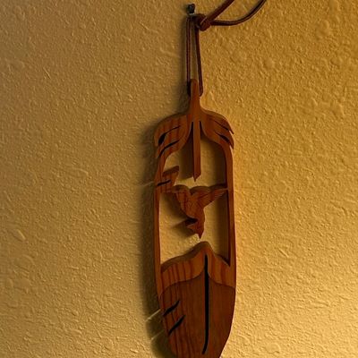 Hand-Carved Wooden Feather Wall Hanging with Hummingbird