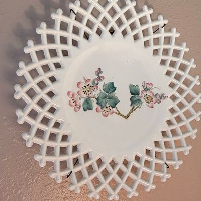 Challinor, Taylor & Co. Milk Glass Lattice Edge Plate with Hand-Painted Flowers
