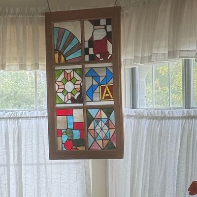Vintage Stained Glass Window Panel with Quilt Block Designs