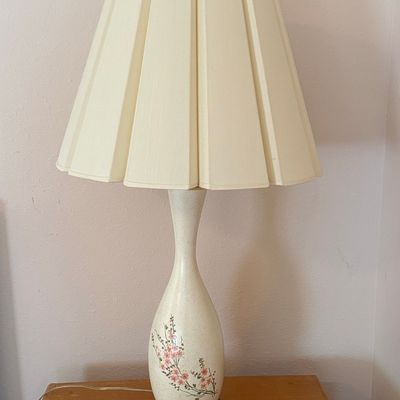 Mid-Century Modern Ceramic Table Lamp with Hand-Painted Floral Motif