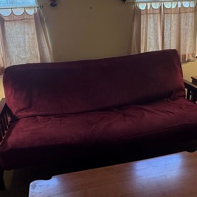 Mission Style Futon Sofa with Burgundy Microfiber Mattress