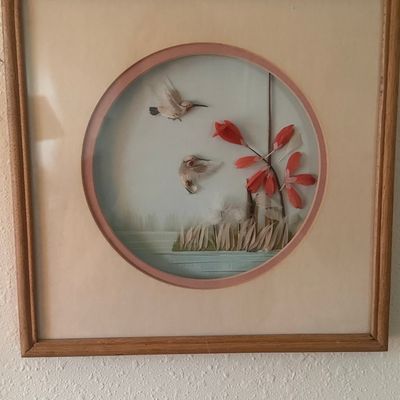 Vintage MCM Hummingbirds Feather Art Shadowbox
