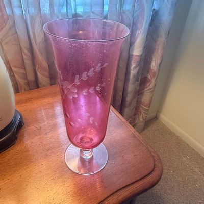 Vintage Cranberry Glass Etched Floral Vase with Pedestal
