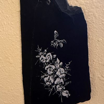 Hand-Painted Slate Wall Plaque with Bee and Floral Motif