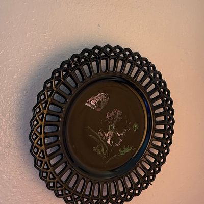 Vintage Black Glass Hand-Painted Floral Plate with Reticulated Edge