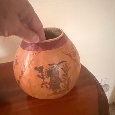 Southwestern Etched Gourd Vessel with Kokopelli and Geometric Designs