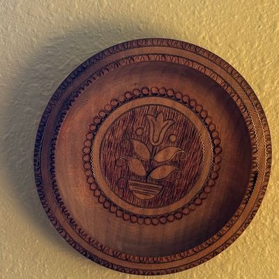 Vintage Hand-Carved Wooden Plate with Brass Inlay