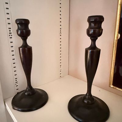 Pair of Vintage Turned Dark Wood Candlesticks