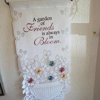 Vintage "A garden of Friends is always in Bloom" Lace Wall Hanging with Applied Flowers