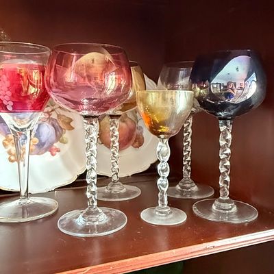 Vintage Multi-Colored Twist Stem Cordials and Wine Glasses
