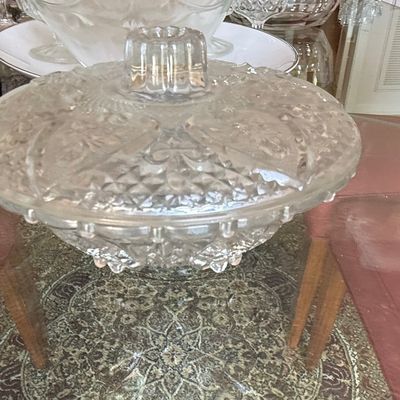 KIG Malaysia "Roses in Hearts" Pattern Clear Pressed Glass Covered Candy Dish