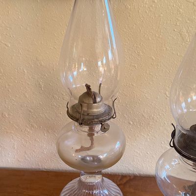 Vintage Clear Glass Pedestal Oil Lamp with Ribbed Base and Chimney