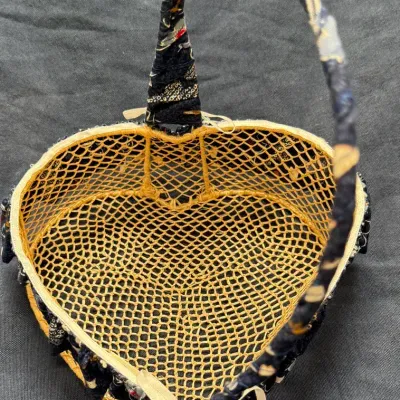 Vintage Heart-Shaped Wicker Basket with Blue Floral Fabric Trim & Handle