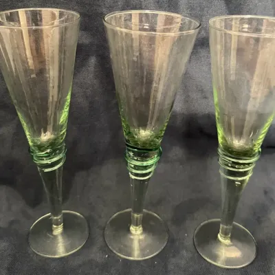 Set of 3 Tall Green-Tinted Hand-Blown Champagne Flutes
