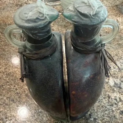 Pair of Decorative Infused Oil & Herb Glass Bottles with Handles