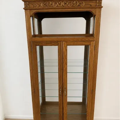 Ornate Oak Lighted Curio Display Cabinet with Glass Shelves