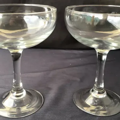 Pair of Vintage Clear Glass Champagne Coupes / Dessert Stemware