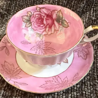 Vintage Pink Rose Porcelain Teacup & Saucer Set – Gold Trim Pedestal Foot Cup