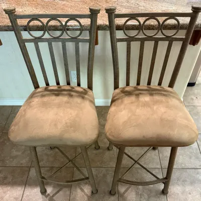 Set of 2 Rustic Metal Counter-Height Bar Stools – Tan Upholstered Seats