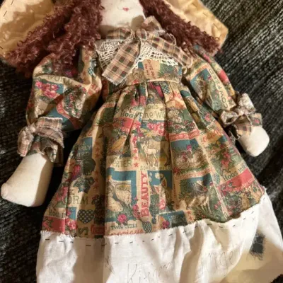 Primitive Handmade Rag Angel Doll Farm Print Dress Quilt Wings Halo Country Decor