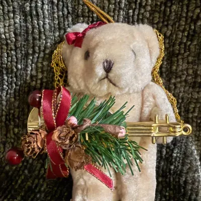 Vintage Plush Teddy Bear Christmas Ornament with Gold Bugle & Pinecone Decoration