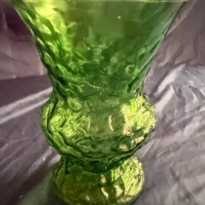 Vintage Green Textured Art Glass Vase Pedestal Trumpet Vase 8” Tall