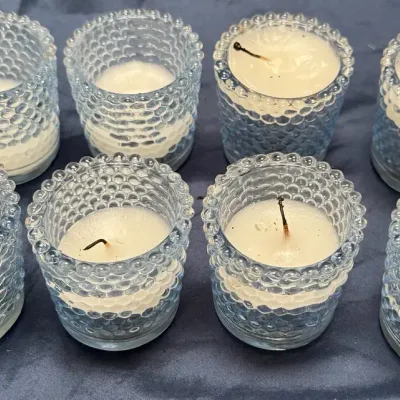 Set of 8 Clear Hobnail Glass Votive Candle Holders w/ Candles