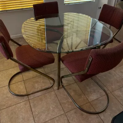 Vintage 5-Piece Glass-Top Dining Set with 4 Cantilever Chairs