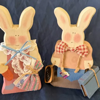 Adorable Pair of Rustic Wooden Easter Bunnies – Mr. & Mrs. Rabbit Spring Décor