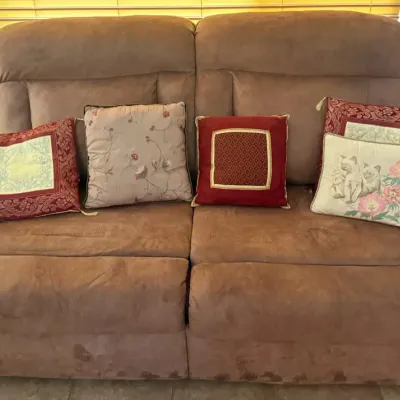“Double the Comfort!” Brown Upholstered Dual Reclining Sofa/Loveseat + 5 Decorative Pillows