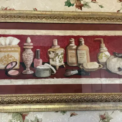 Vintage-Style Vanity & Beauty Still Life Framed Wall Art – Ornate Gold Frame