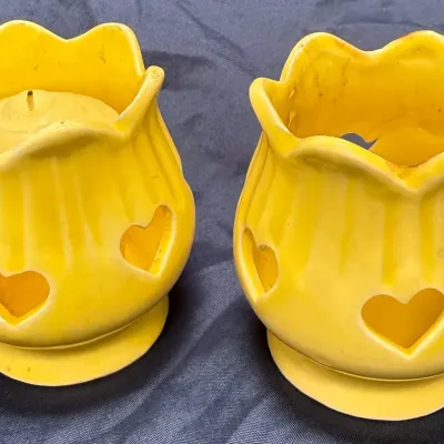 Vintage Yellow Ceramic Heart Cutout Candle Holders w/ Original Candle – Pair