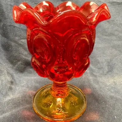 Vintage Ruby Red Thumbprint Pedestal Rose Bowl Vase Ruffled Rim Amberina Glass