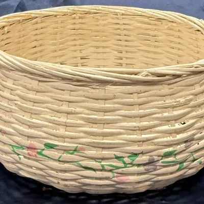 Vintage Handwoven Wicker Basket with Hand-Painted Floral Vine Decor
